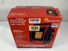 Mr. Heater Portable Buddy Outdoor Radiant Gas Heater - 4000/9000 BTU, box open.