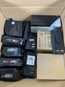 A box of preowned assorted batteries to include Bosch, Road Radio Recharge.