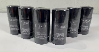 Six as new Calvin Klein Eternity for Men deodorant sticks, alcohol free, 75g.