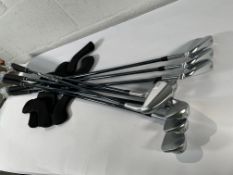 A set of as new Ping i530 golf irons (RH), 4 - PW + UW (8 irons), UST Mamiya Recoil Dart shafts.
