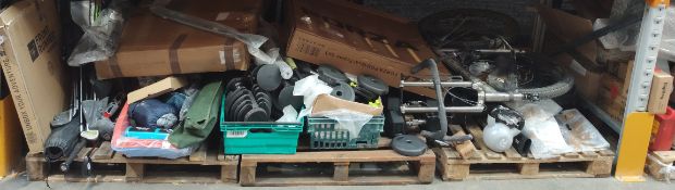 A large quantity of sports and fitness products to include dumbbells, golf clubs and more.