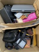 Two boxes of assorted preowned wallets/purses and handbags to include Kate Spade, Tumi.