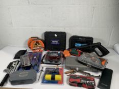 A crate of assorted tools and accessories to include Husky Stubby tool kit, Bluespot 3pc long reach