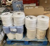 Quantity of assorted toilet rolls, hand tissues and cleaning related products.