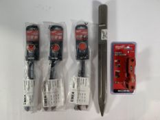 Five as new Milwaukee items; 3x 19mm Combination Spanners, Shank Point 400MM Chisel Bit and Hex Metr
