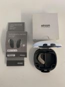 As new Oticon Engage BTE Hearing Aid in Beige and White Case.