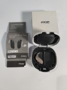 As new Oticon Engage BTE hearing aid in a Beige and White case.