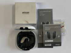 An Oticon Engage BTE Hearing Aid in Beige and White Case.