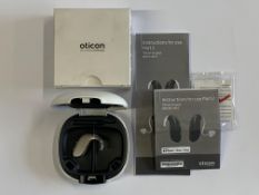 An Oticon Engage BTE Hearing Aid in Beige and White Case.