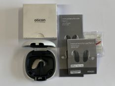 An Oticon Engage BTE Hearing Aid in Beige and White Case.