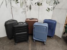 Three pre-owned Samsonite suitcases and two pre-owned American Tourister suitcases.