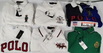 Six Ralph Lauren polo/T-shirts to include Fortnight Polo, sizes 5x L, 1x M.