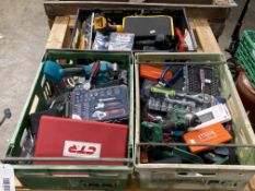 Three crates of as new and pre-owned hand and power tools to include Wera, Makita, Dewalt, Purdy