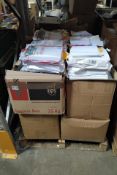 Nine boxes of assorted as new and pre-owned plastic wallets, paper and stationery related items.