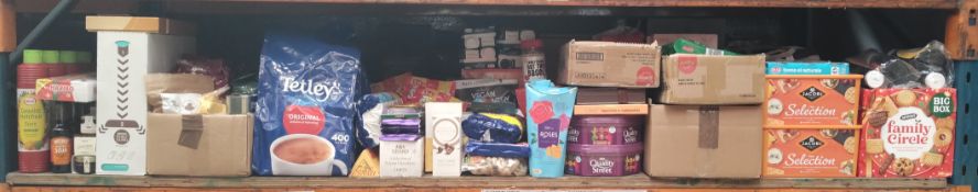 Assorted food items to include confectionery, fizzy drinks, snacks, biscuits and related.