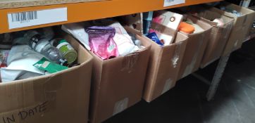 Assorted food and beverage related items on one shelf.