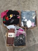 Three boxes of assorted new clothing to include jumpers, jeans, socks, t-shirts and related.