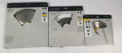 Three Festool saw blades, boxed, packaging slightly worn/damaged.