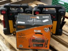 Two Halfords 6 in 1 jump starter power pack 650 amp together with a RAC 5 in 1 Jump Start 100 Watt.