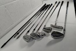 Nine assorted pre-owned golf clubs/shafts to include Cleveland RTX6, Conner James, Callaway,