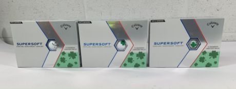 Three boxes of twelve Callaway supersoft, super long, super straight, Shamrock logo golf balls (RRP