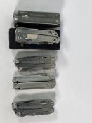 Five pre-owned Leatherman multi-tools to include Sidekick, Tool, Curl and Wingman.