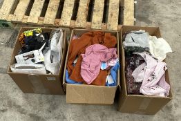 Three boxes of as new assorted clothing and related items.