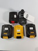 Five assorted pre-owned 18v power tool batteries to include Ryobi, Dewalt and Bosch.