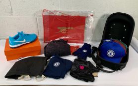 Six sports clothing items to include Nike X Chelsea Joggers, Chelsea gloves, Nike JR Phantom GX II A