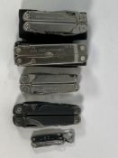 Five pre-owned Leatherman multi-tools to include Style P5, Super Tool, Surge, Wave and Wave Plus.