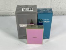 Paco Rabanne Invictus EDT 200ml, Davidoff Cool Water EDT 125ml and Chanel Chance EDP 50ml.