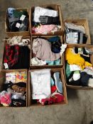 Eight boxes of assorted as new clothing to include jumpers, T-shirts, shorts, underwear and related.