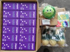 A pallet of miscellaneous pet products, mainly consisting of toys.