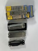Four Leatherman multi tools to include pulse, charge, super tool and bond.