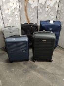 Five pre-owned wheeled suitcases to include Delsey x 2, Rock Hard shell x 3.