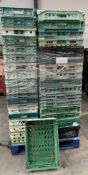 A pallet of Pre-owned Plastic Crates 61cmx40cmx20cm (approximately 75).