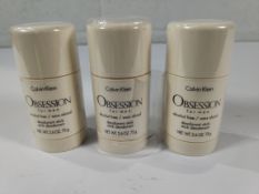 Three Calvin Klein Obsession for Men deodorant sticks, alcohol free, 75g (some packaging plastic sli