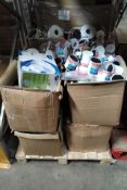 Twelve boxes of assorted items to include stationery, household, DIY, toiletries and related.