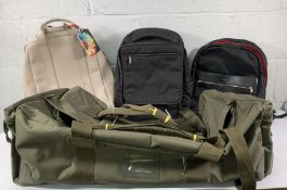 Four pre-owned bag/backpacks to include an army style kit bag, Knomo, Samsonite, Monose.