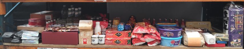 Assorted food items to include confectionery, fizzy drinks, snacks, biscuits and related.