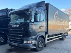 A 2008 Scania 2-axle HGV rigid body box van, 18000kg gross, 8867cc. Starts & Runs.