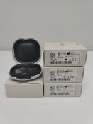 Four as new Oticon Engage BTE hearing aids in beige, in a white case.