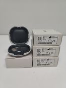 Four as new Oticon Engage BTE hearing aids in beige, in a white case.