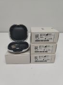 Four as new Oticon Engage BTE hearing aids in beige, in a white case.