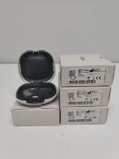 Four as new Oticon Engage BTE hearing aids in beige, in a white case.