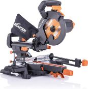 An as new Evolution multi-material cutting sliding mitre saw, R210SMS, 210mm, (8 1/4
