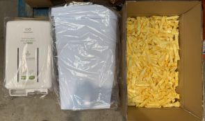 Female hygiene related items; sanitary bin container, dual sanitary dispenser and approximately seve