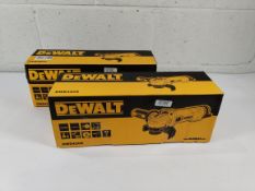 Two as new DeWalt corded angle grinders, 240V, DWE4206-GB.