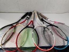 Six pre-owned tennis/squash rackets to include Yonex Vcore 100, Wilson Ultra Comp and Babolat Evo St