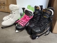 Three pairs of preowned ice skates to include Bauer XLS ice skates size 5 and another pair size 42/
